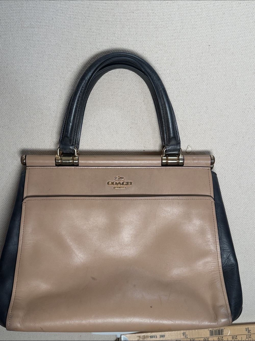 Coach Two-Tone Leather Satchel in Beige and Black